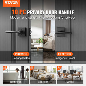 Privacy Door Handle, 10 Pack Matte Black Door Lever, Left or Right Handing Reversible Lever with Keyless Lock, 45? Rotation to Open, Universal Square Interior for Bedroom and Bathroom Doors
