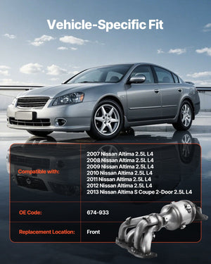 Catalytic Converter, Compatible with Nissan Altima 2007 2008 2009 2010 2011 2012 2013 2.5L L4, Front, Replacement OE 674-933, Stainless Steel High Flow Converter, for Exhaust Gas Purification