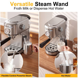 20 Bar Espresso Machine, 1350W Boiler, Steam Wand, Water Tank, Stainless Steel, Compact Coffee Maker for Home Barista
