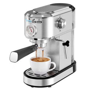 20 Bar Espresso Machine, 1350W Boiler, Steam Wand, Water Tank, Stainless Steel, Compact Coffee Maker for Home Barista