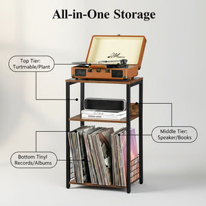 3-Tier Turntable Stand with Vinyl Storage for 100 Albums, Combined CD & DVD Racks, End Side Table for Living Room