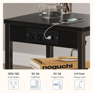15.7-inch small side table with charging device, coffee table with socket and USB interface, three-layer adjustable storage bedside cabinet