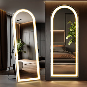 3 Color Lighting Mirror with LED Lights, 64"x21" Lighted Floor Standing Mirror with Stand, Wall Mounted Hanging
