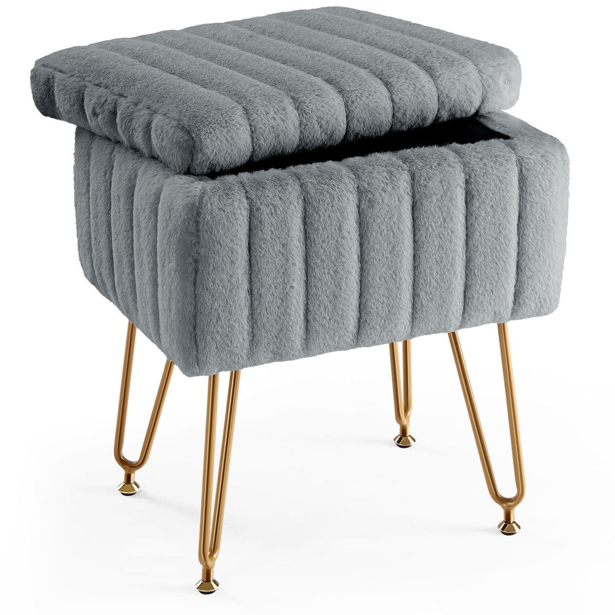 Vanity Stool Chair with Storage, Ottoman Faux Fur Soft Padded Makeup Footstools Seat with 4 Metal Legs Anti-Slip Adjustable Feet Modern