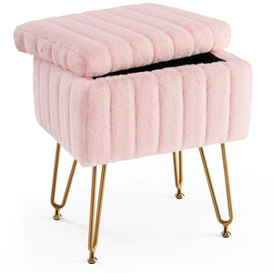 Vanity Stool Chair with Storage, Ottoman Faux Fur Soft Padded Makeup Footstools Seat with 4 Metal Legs Anti-Slip Adjustable Feet Modern