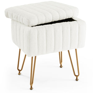 Vanity Stool Chair with Storage, Ottoman Faux Fur Soft Padded Makeup Footstools Seat with 4 Metal Legs Anti-Slip Adjustable Feet Modern