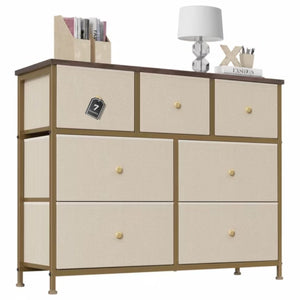 7-Drawer Fabric Dresser with Solid Wood Top, Tall Storage Chest for Bedroom, Living Room, Or Entryway, Ideal As a Tower Cabinet, Hallway Organize