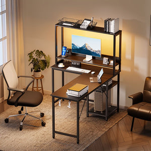 43/53 Inch L-Shaped Desk with Storage Shelves & Hooks - Reversible Computer Table Suitable for Office, Gaming Setup, Workstation with Spacious, A