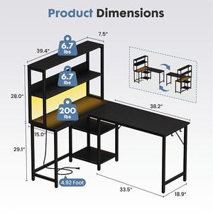 43/53 Inch L-Shaped Desk with Storage Shelves & Hooks - Reversible Computer Table Suitable for Office, Gaming Setup, Workstation with Spacious, A