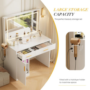 Mirror and Lights, Makeup Vanity Table with Charging Station, 2 Drawers & Large Cabinet, 3 Lighting Color Adjustable, Dressing Table