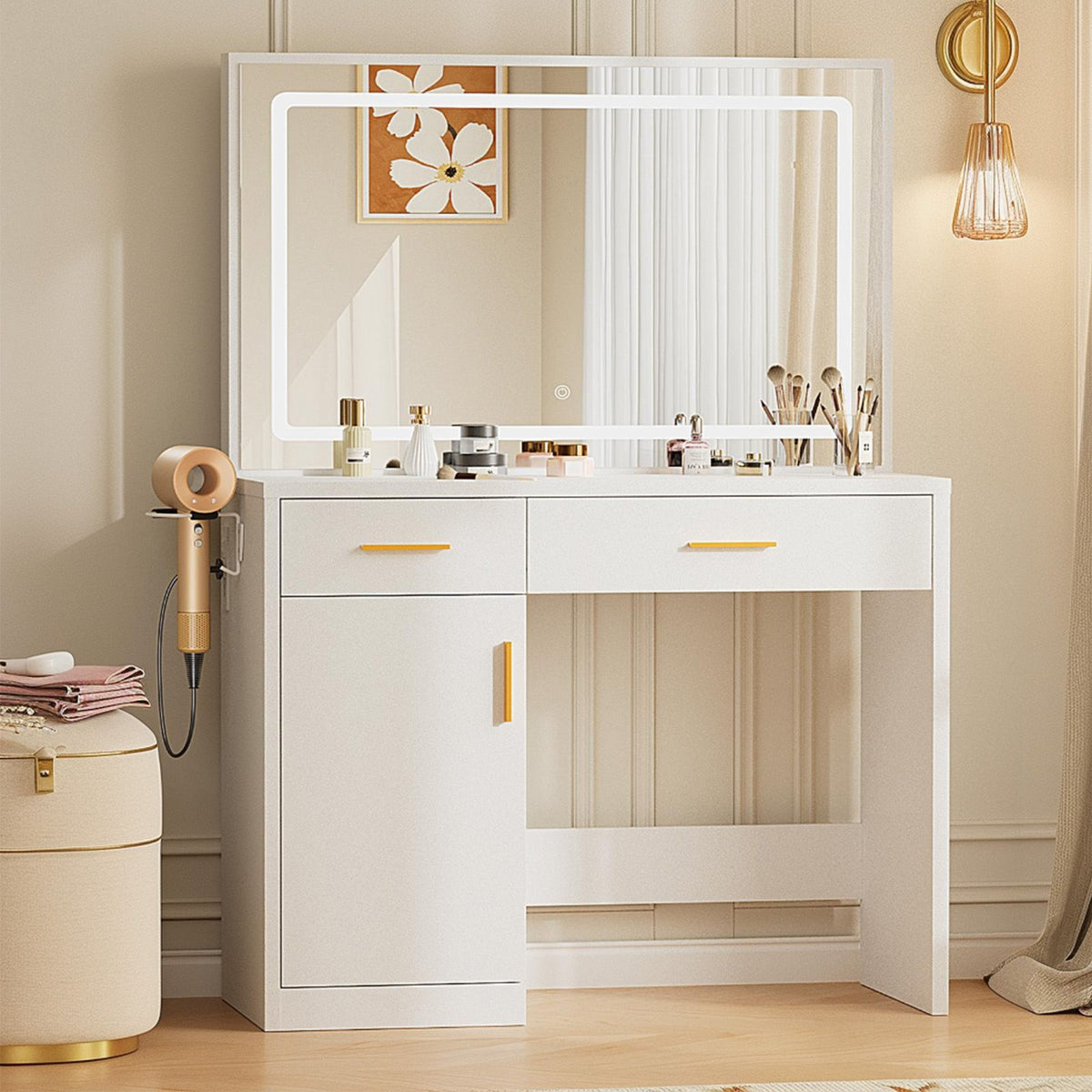 Mirror and Lights, Makeup Vanity Table with Charging Station, 2 Drawers & Large Cabinet, 3 Lighting Color Adjustable, Dressing Table