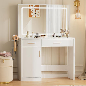 Mirror and Lights, Makeup Vanity Table with Charging Station, 2 Drawers & Large Cabinet, 3 Lighting Color Adjustable, Dressing Table