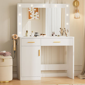 Mirror and Lights, Makeup Vanity Table with Charging Station, 2 Drawers & Large Cabinet, 3 Lighting Color Adjustable, Dressing Table