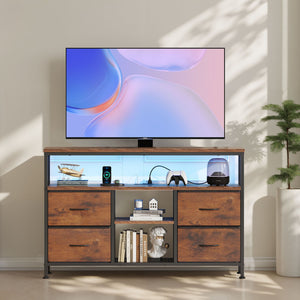 TV stand, 4 drawers, with LED lights and power sockets, 50-inch TV living room furniture, with open shelves and adjustable feet