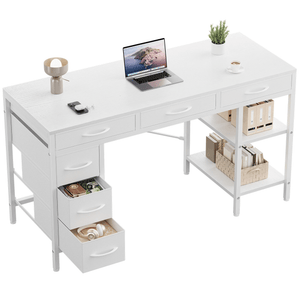 47-55 Inch Computer Desk with 6 Drawers Storage Shelves Home Office Gaming Desk for Bedroom Study Corner Living Room Work