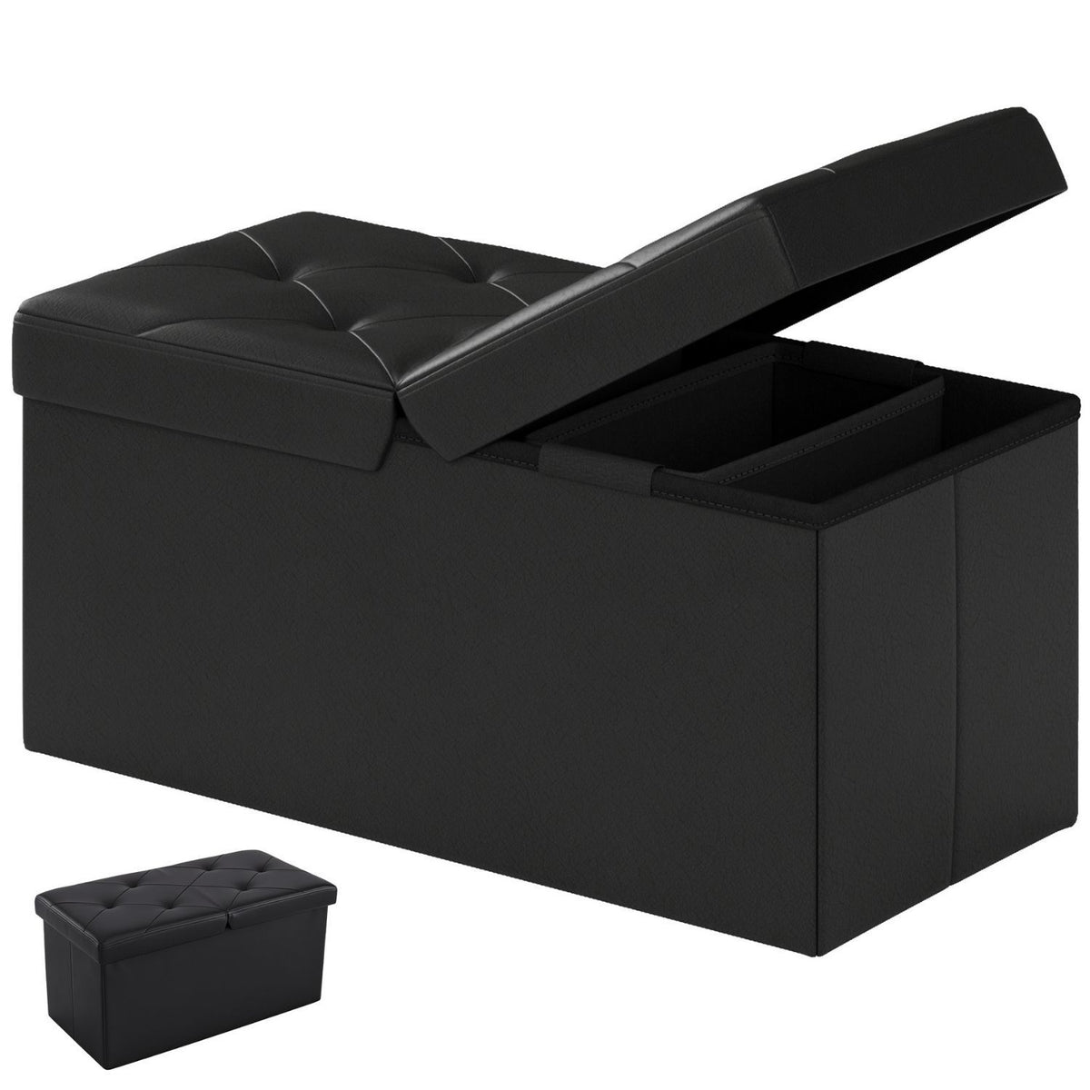 Folding Storage Ottoman, Compact Flip-Top Ottoman with Divider, Padded PVC Seat, Space-Saving Footrest Stool for Bedroom, Entryway, Living Room