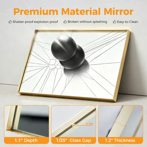 Bathroom mirror, with brushed aluminum frame, rectangular design, square corners at all four sides, suitable for wall decoration in home.
