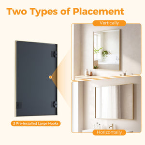 Bathroom mirror, with brushed aluminum frame, rectangular design, square corners at all four sides, suitable for wall decoration in home.