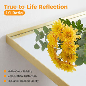 Bathroom mirror, with brushed aluminum frame, rectangular design, square corners at all four sides, suitable for wall decoration in home.
