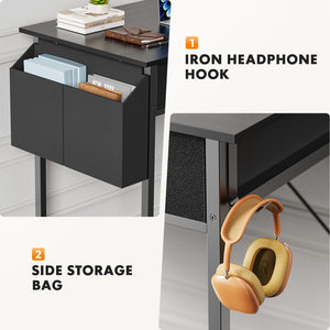 Computer Desk Small Home Office Bedroom Writing Study PC Table with Storage Space Fabric Side Bag Headphone Hook Metal Frame Adjustable