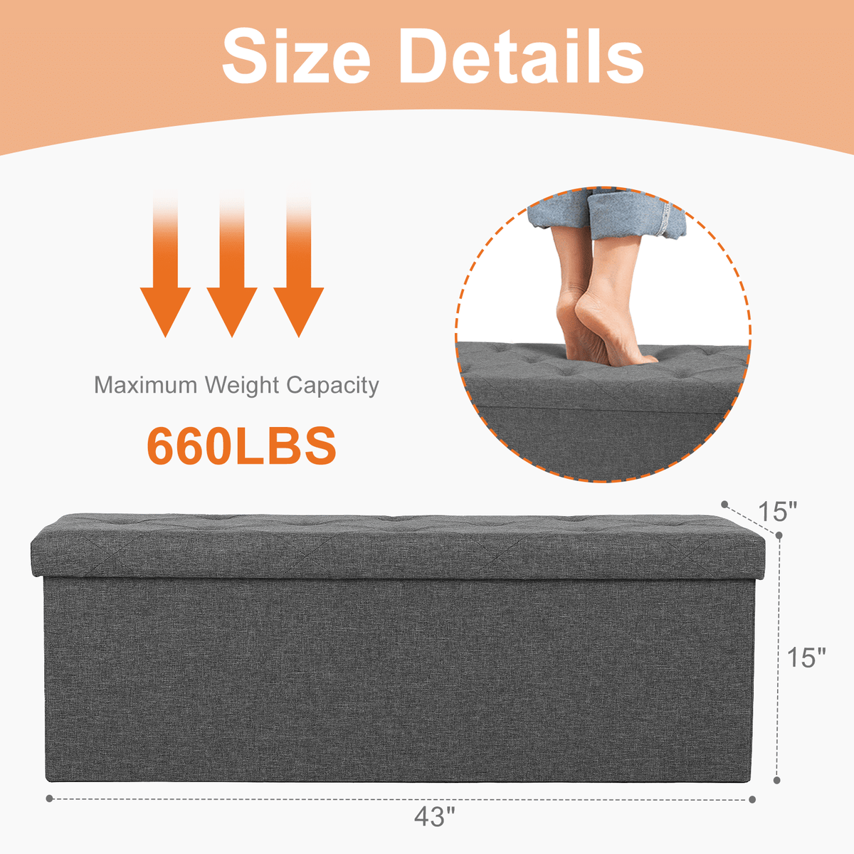Storage Ottoman with Thicker Foam Padded Seat, Folding Foot Rest for Living Room End of Bed Bench