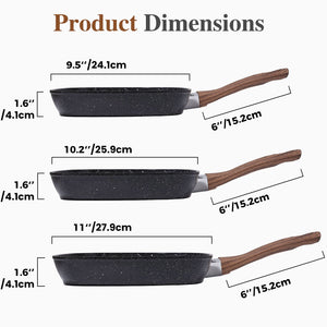Nonstick Frying Pan Skillet Set, 3 Piece Square Grill Pans with Stay Cool Handle & PFOA Free, Compatible with All Stovetops(9.5" 10" 11")
