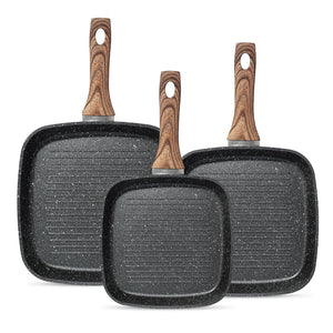 Nonstick Frying Pan Skillet Set, 3 Piece Square Grill Pans with Stay Cool Handle & PFOA Free, Compatible with All Stovetops(9.5" 10" 11")