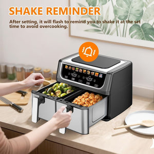 9.5 Quart Large Dual Basket Air Fryer with Double Basket, Independent Temp Control & Sync Mode, 10 Presets (Bake/Broil/Defrost/Dehydrate), Shake