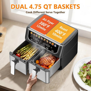 9.5 Quart Large Dual Basket Air Fryer with Double Basket, Independent Temp Control & Sync Mode, 10 Presets (Bake/Broil/Defrost/Dehydrate), Shake