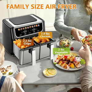 9.5 Quart Large Dual Basket Air Fryer with Double Basket, Independent Temp Control & Sync Mode, 10 Presets (Bake/Broil/Defrost/Dehydrate), Shake