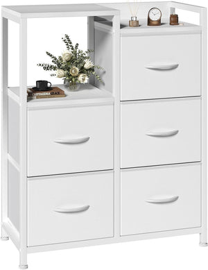 5 Drawer White Dressers for Bedroom 2 Tier Shelf Shelf Small Fabric Dresser for Closet Sturdy Metal Frame Modern Style Storage Cabinets Organizat