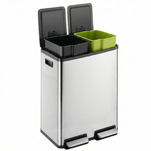 Trash Can with Lid - Large 60 Liter Stainless Steel Trash Can, Dual Compartment Plastic Inner Bucket (2 x 8 Gallon), Sealed Trash Can
