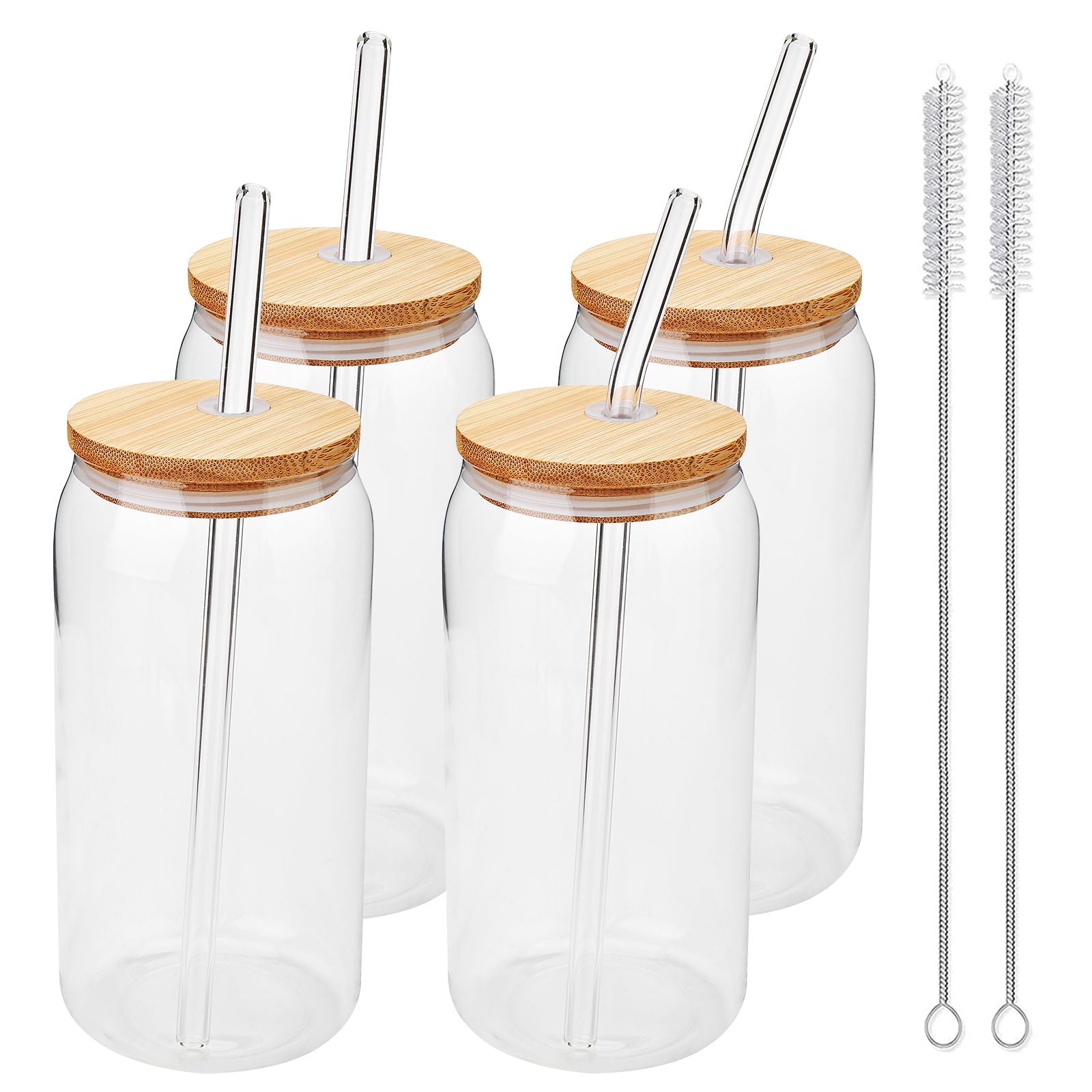 4 Can-Shaped Glass Cups with Bamboo Lids and Straws, 20oz