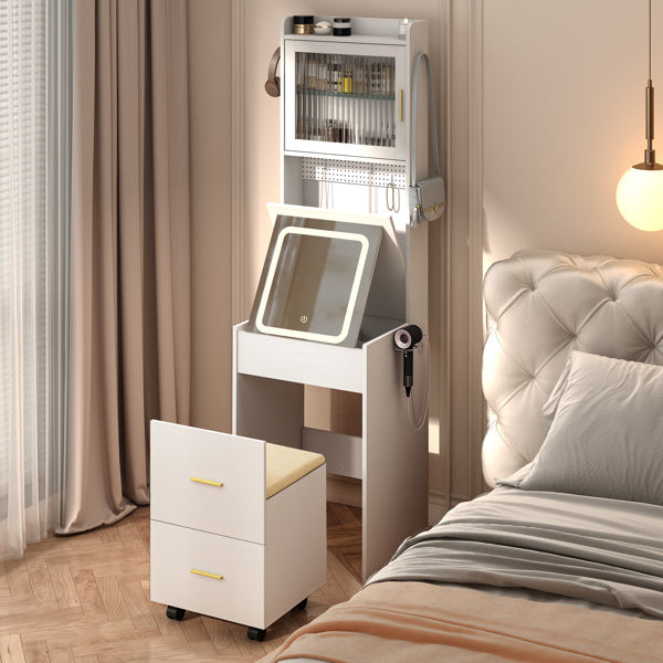 Small Vanity Desk with Mirror and LED Lights, Makeup Table with Charging Station and Storage Shelves for Small Space, Compact Mini Corner Vanity Set with Hidden Storage Stool for Bedroom, White