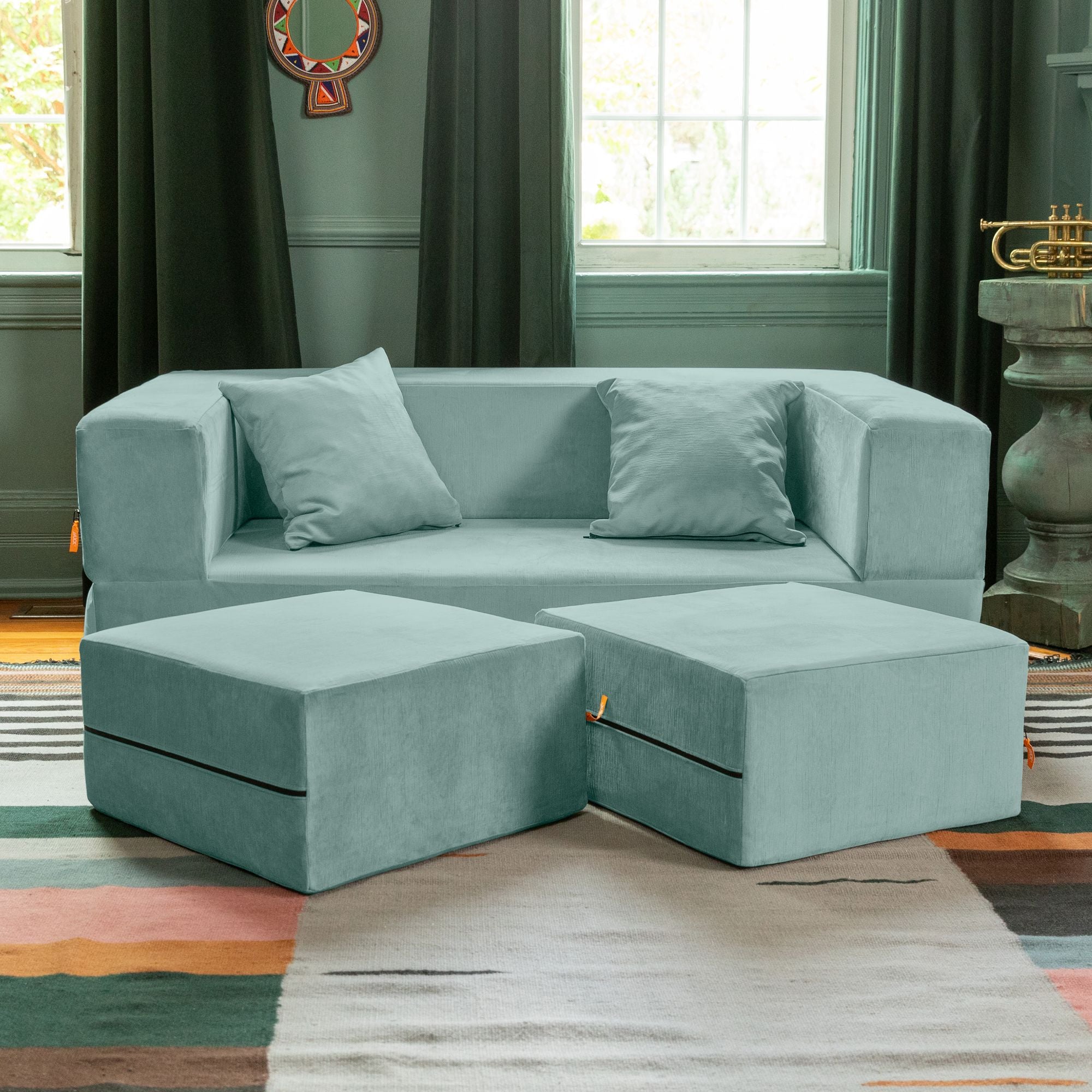 Microvelvet Convertible Loveseat & Ottomans