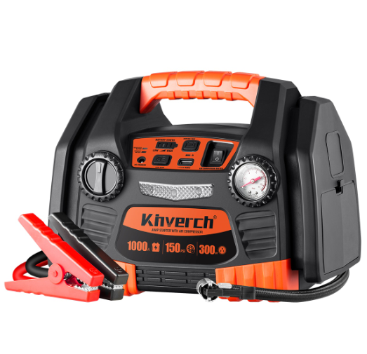 Car Battery Jump Starter 900 Peak Amp - 150 PSI Air Compressor, USB Charging, LED Light