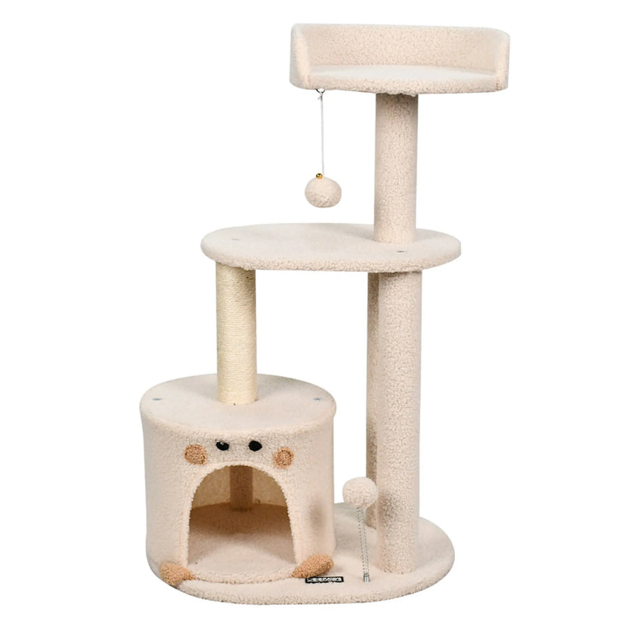 73-Inch Faux Fur Cat Tree & Condo with Hanging Toy – Cream