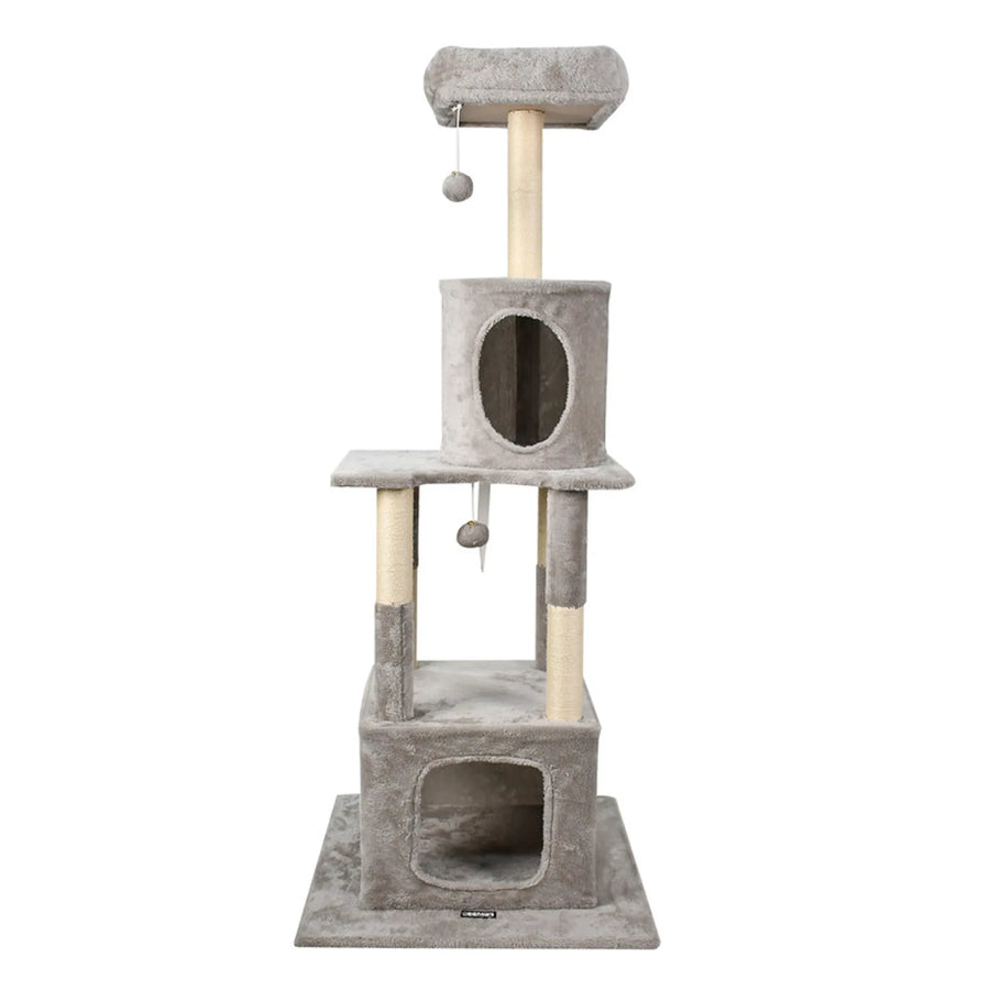 38-Inch Faux Fur Cat Tree with Two Hideaways – Light Gray