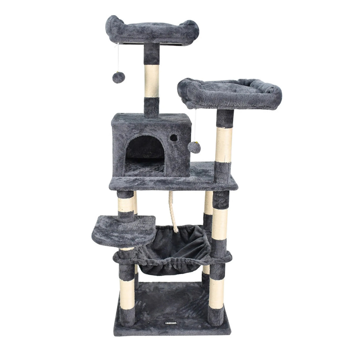 58-Inch Faux Fur Cat Tree with Condo & Hammock – Dark Gray
