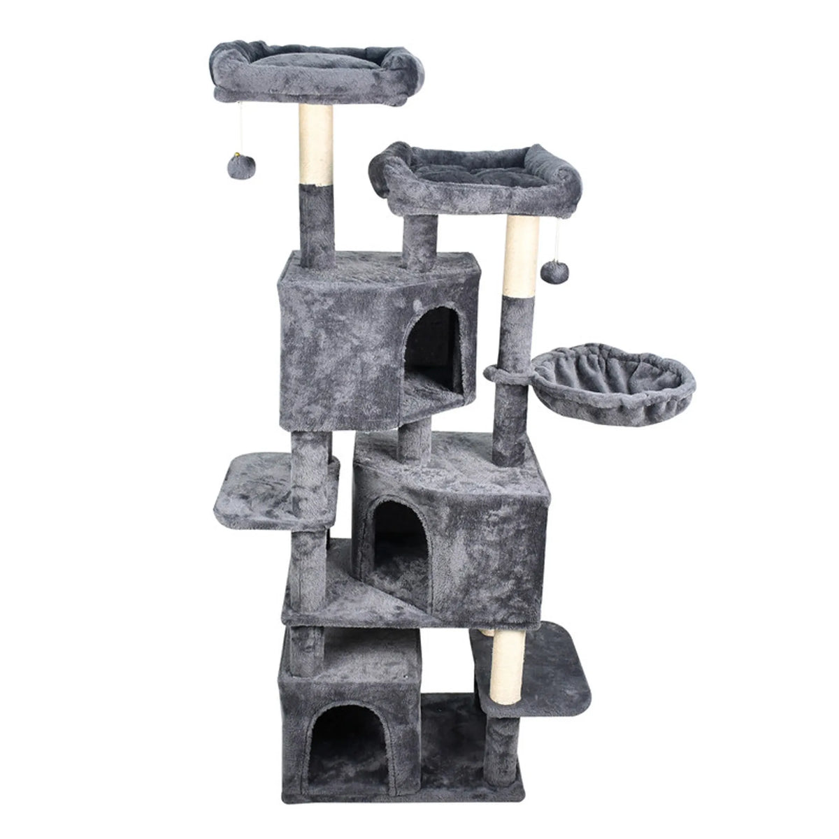 57-Inch Faux Fur Cat Tree with Three Condos – Dark Gray