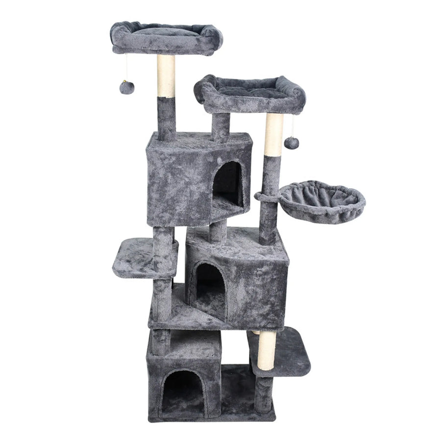 57-Inch Faux Fur Cat Tree with Three Condos – Dark Gray