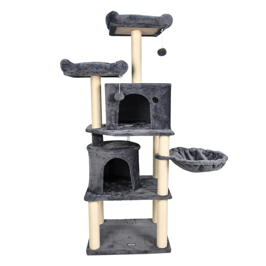 27-Inch Faux Fur Cat Tree with Two Hideaways – Dark Gray