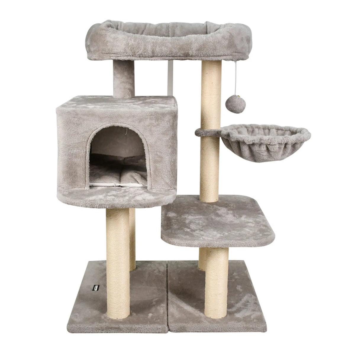 60-Inch Faux Fur Cat Tree with Condo & Basket – Light Gray