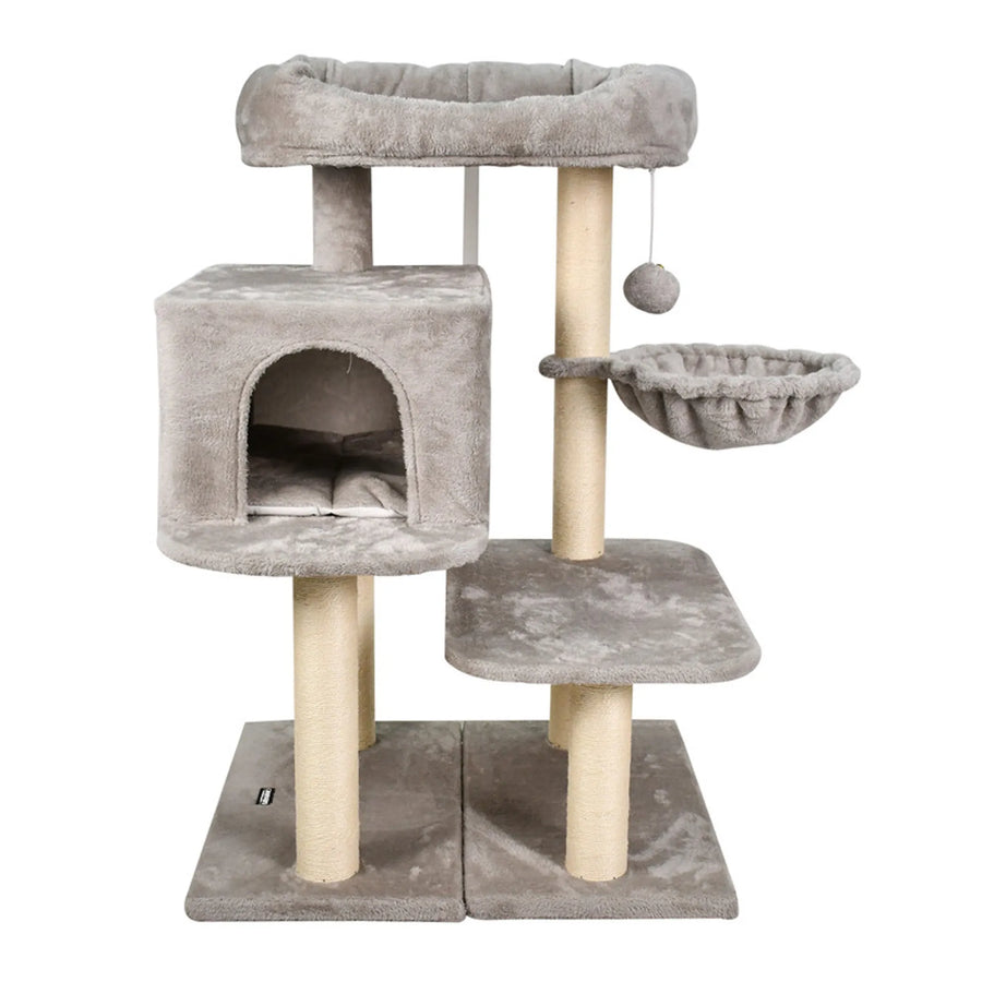 60-Inch Faux Fur Cat Tree with Condo & Basket – Light Gray