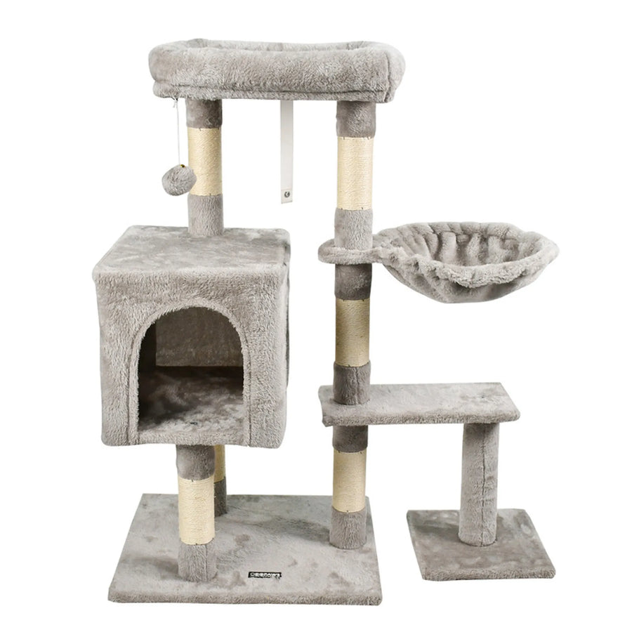 37-Inch Faux Fur Cat Tree with Condo & Basket – Light Gray