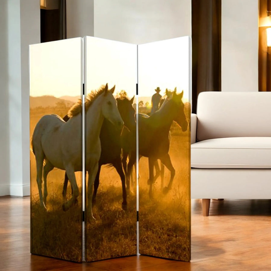 72" Brown and Black Canvas Folding Three Panel Screen Room Divider - 1