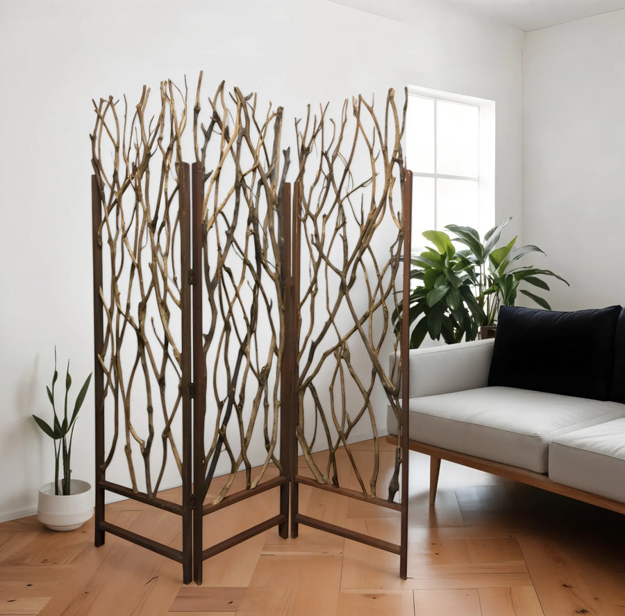 70" Brown Wood Branches Folding Three Panel Screen Room Divider - 1