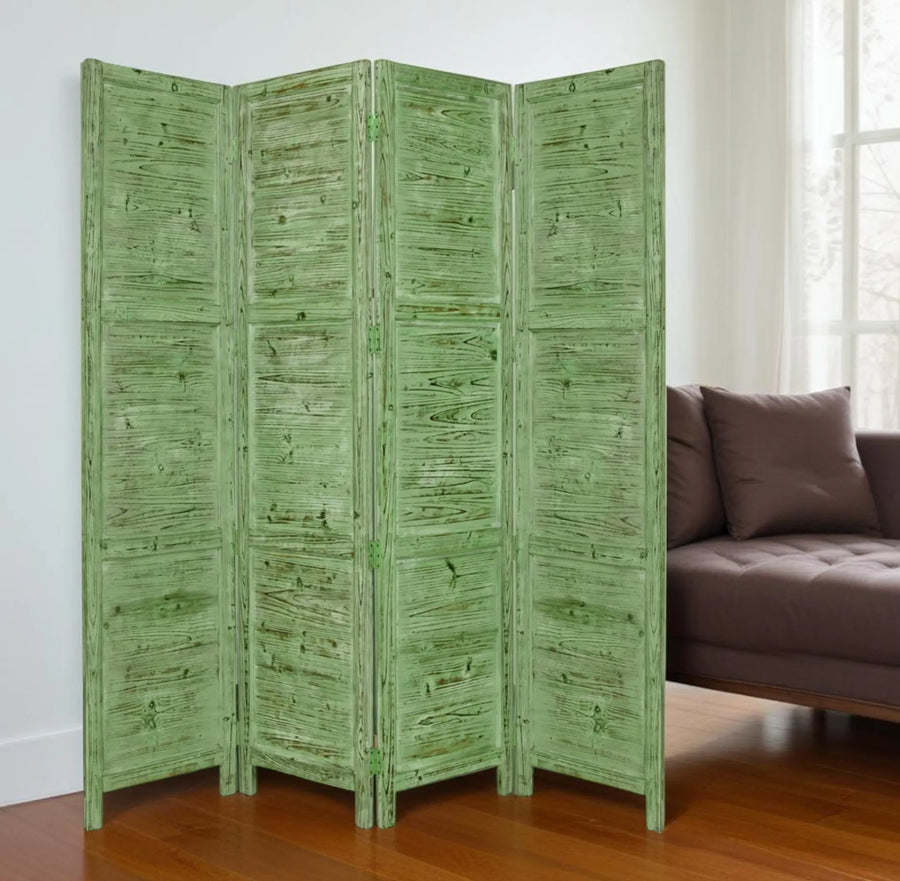 84" Green Rustic Wood Folding Four Panel Screen Room Divider - 1
