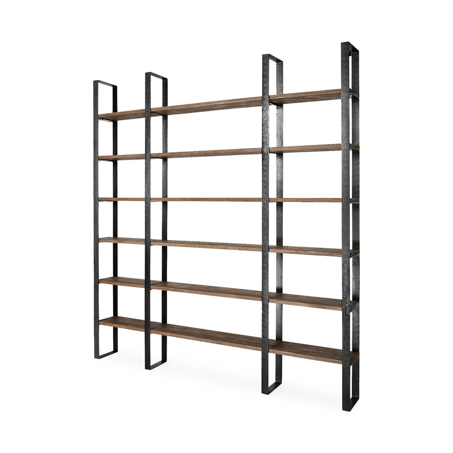 Brown Iron and Solid Wood Six Tier Bookcase