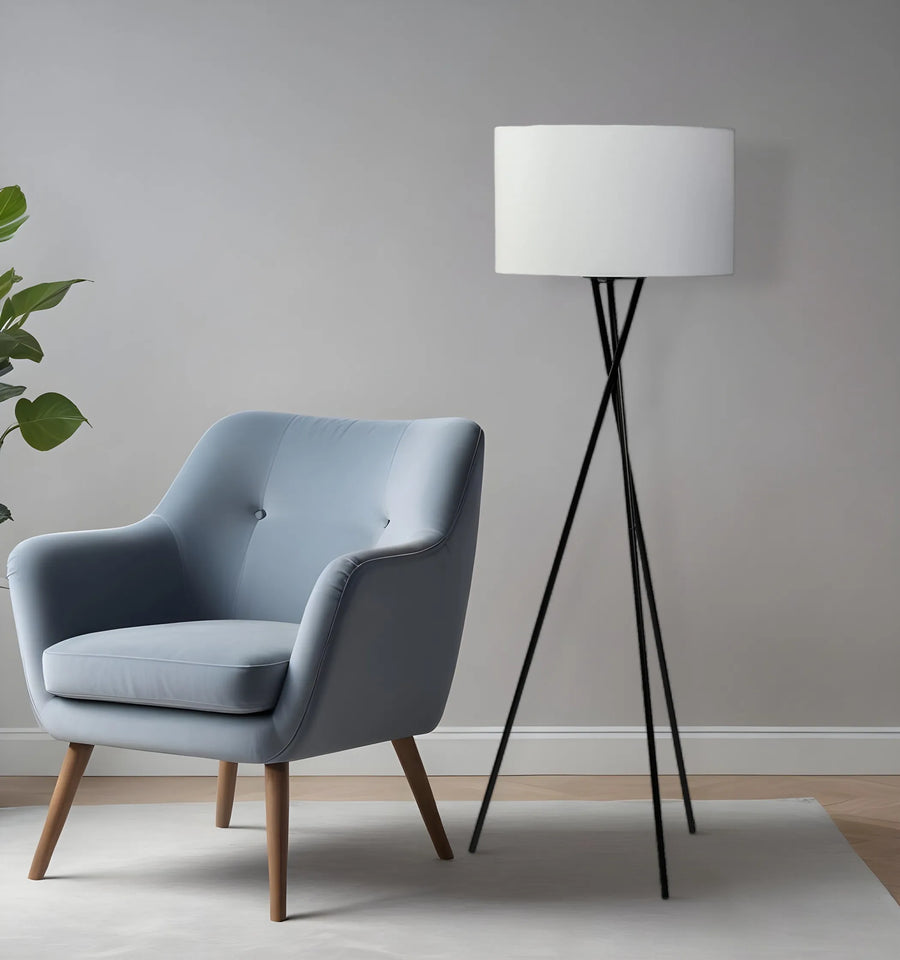 66" Black Tripod Floor Lamp With White Fabric Drum Shade - 1